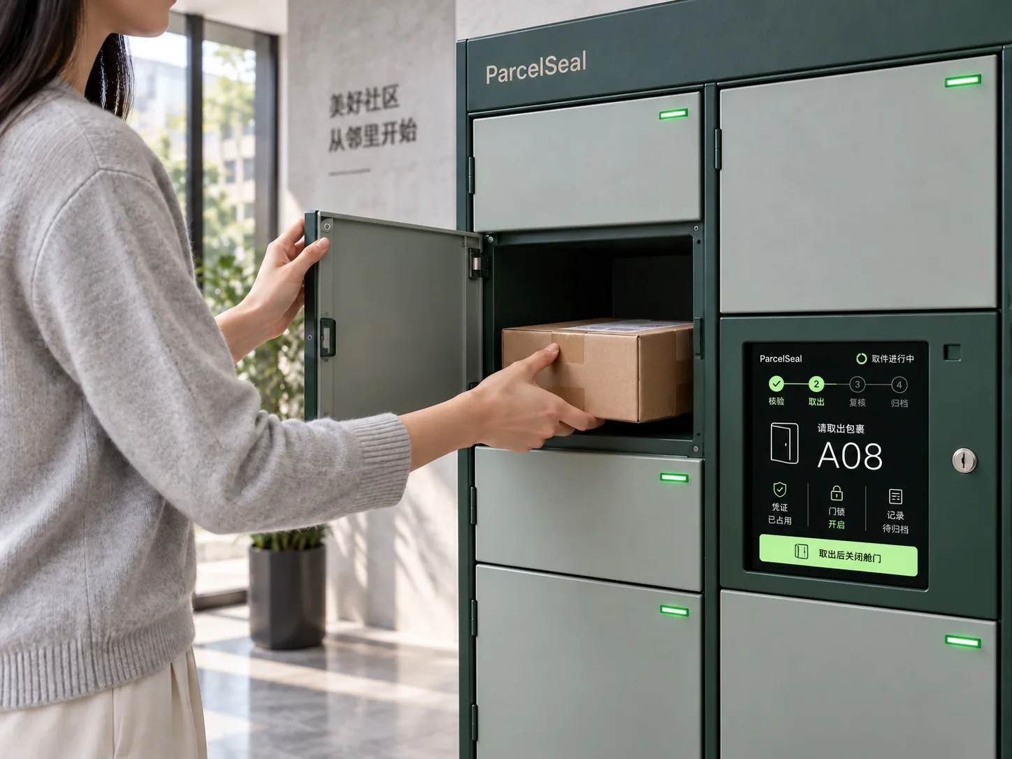 住户扶住柜门并取出包裹，AI 概念效果图