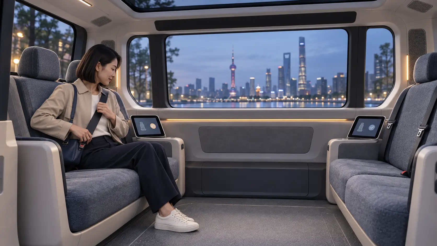 第2幕:入座,完成出发准备,同一位乘客与 RouteTruth 无人车互动的概念画面