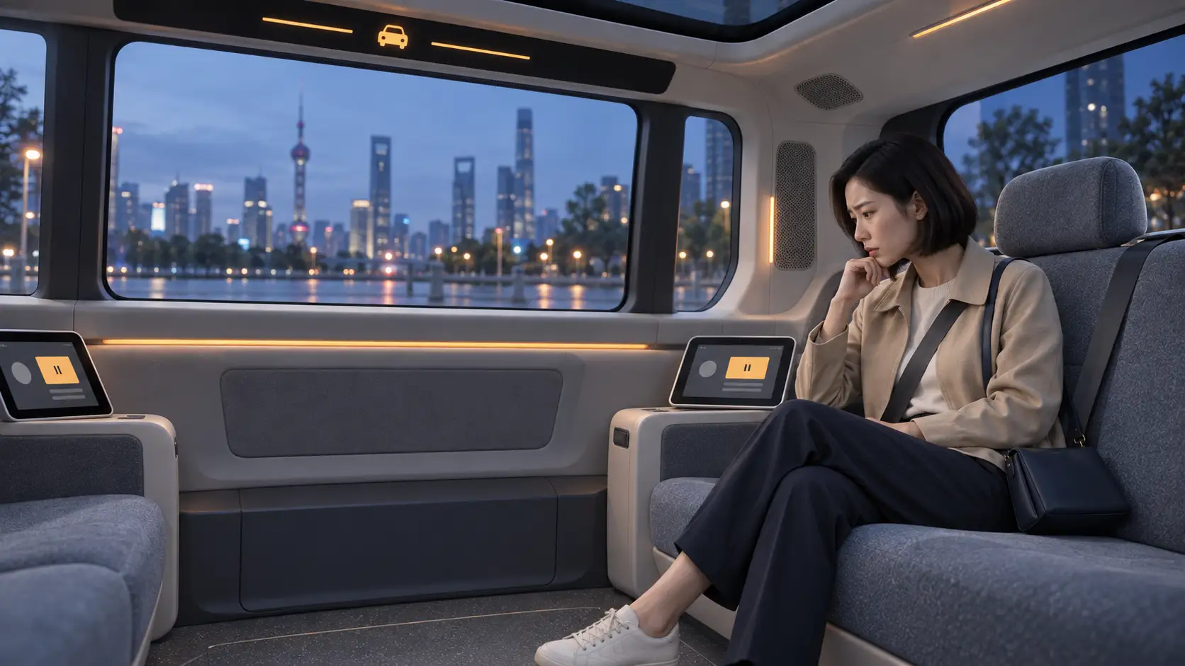 第4幕:突然停车,面对未知,同一位乘客与 RouteTruth 无人车互动的概念画面